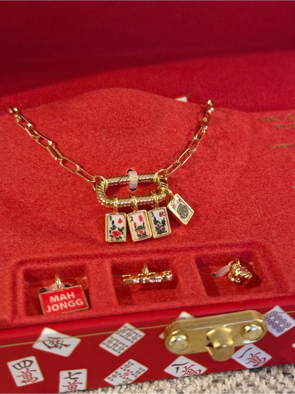 Gold Mahjong Tile Charm Necklace - Red & Gold